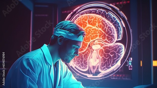 Neurologist diagnosing a patient with a brain scan. Fantasy concept , Illustration painting.