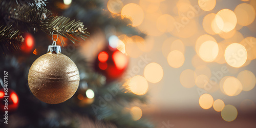  Red and gold balls decoration on christmas tree Golden and red christmas ball hanging on the christmas tree and golg bokeh background Ai Generative photo