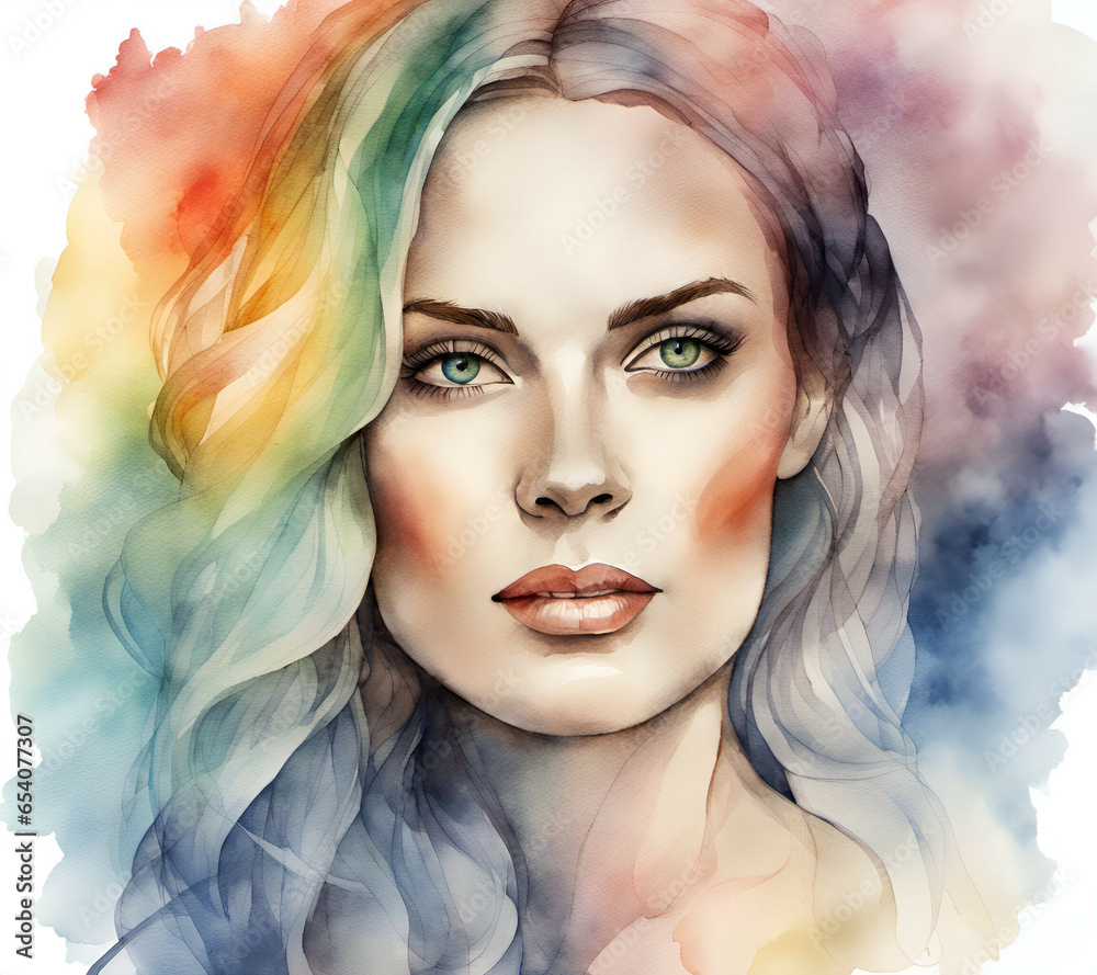 Portrait of a beautiful woman in rainbow color on paper, drawing watercolor painting
