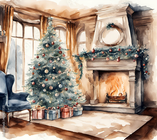 Christmas tree dressed up with toys in soft colors with gifts under it next to the fireplace, drawing watercolor painting