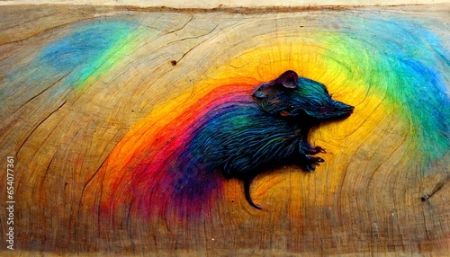 beautiful pattern of ranbow colored Rat on liquid wood surreal  photo