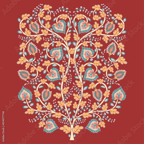 Tree with flowers in the style of kalamkari. Indian style. Emblem, symbol, design for packaging, embroidery, textiles. Vector illustration. 