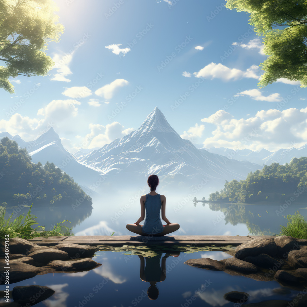 Figure of a girl meditating against the backdrop of a mountain lake. AI generated