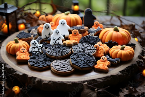 An overhead shot of Halloween cookies arranged on a rustic wooden platter, with mist and ethereal lighting creating an elegant yet creepy atmosphere. The cookies boast intricately spooky designs. photo