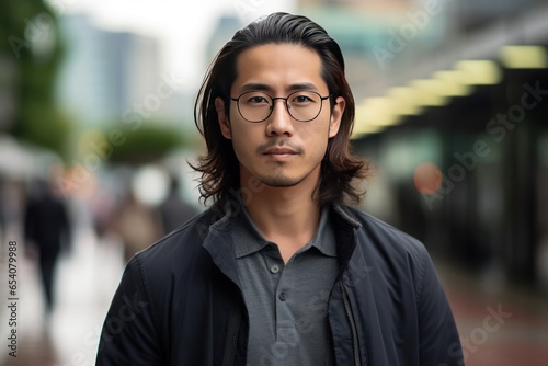 Asian man with long hair and glasses serious angry face portrait on city street
