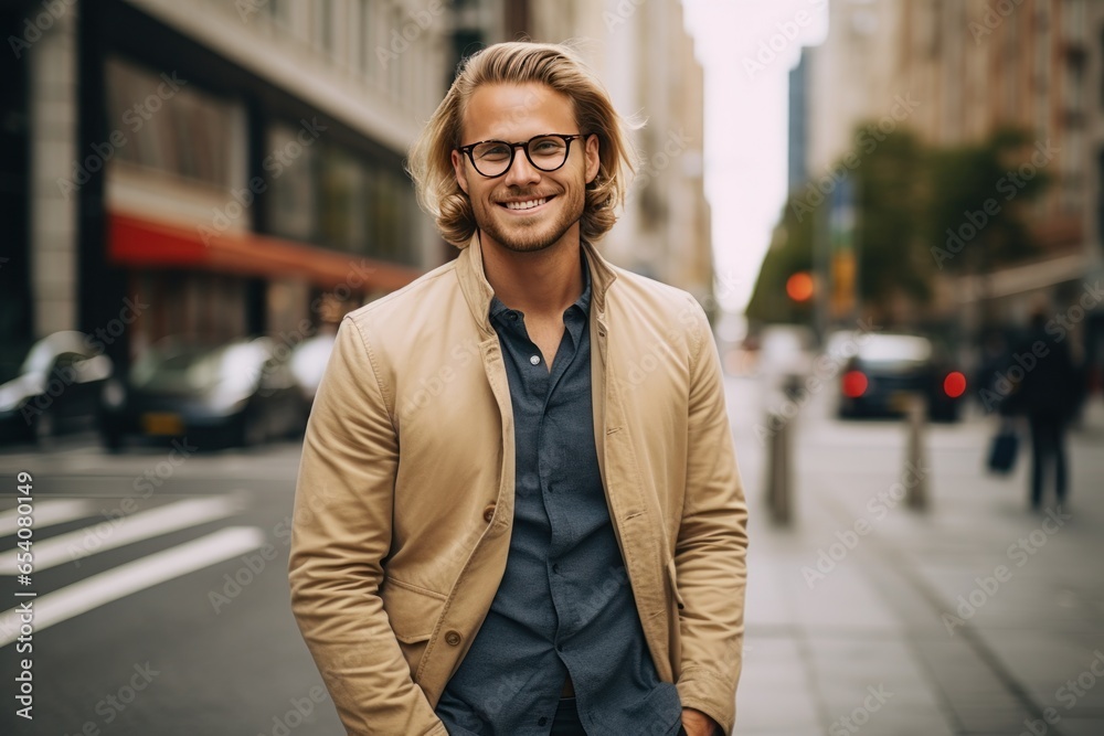 Caucasian man smile happy face portrait in city Caucasian man smile happy face portrait in city