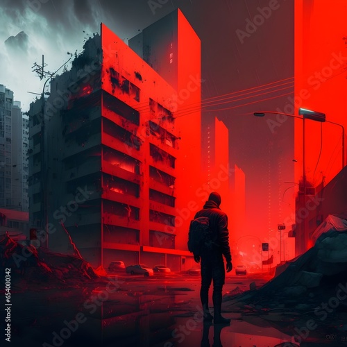 redwhite apocalyptic city rave cyberpunk neon photography ultrarealistic 4k  photo