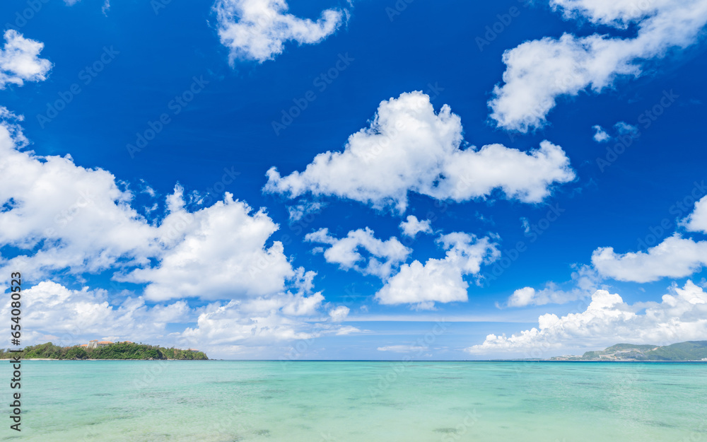 Beautiful view of tropical blue sea or ocean by the white beach and floating a cloud in summer, Okinawa in Japan, Nobody, Landscape or travel, High resolution over 50MP for wallpaper