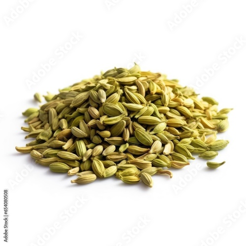 Heap of dried fennel seeds on white background