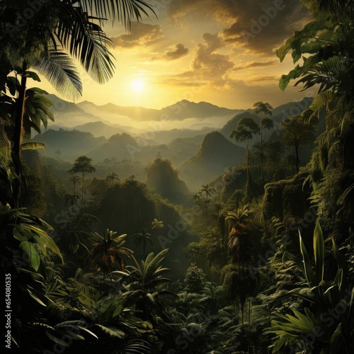 Jungle scene at sunset with lush trees and mountainous vistas