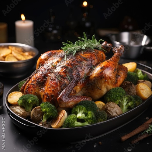 Extravagant pan of roasted turkey with broccoli and potatoes photo