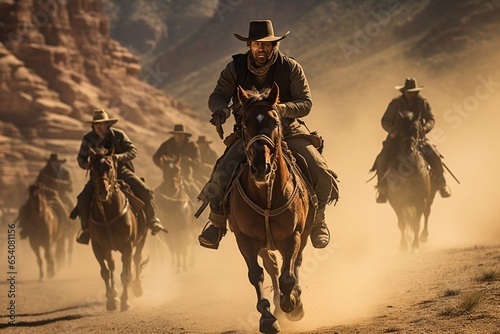 Fotografie, Obraz cowboy riding horse, Generative AI