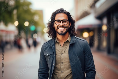 Man wearing glasses smile happy face portrait with yellow background