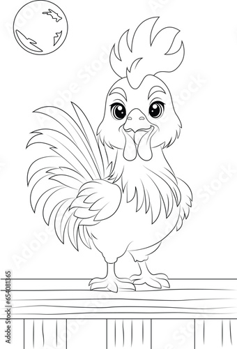 Coloring page a rooster stood on the fence in the early morning