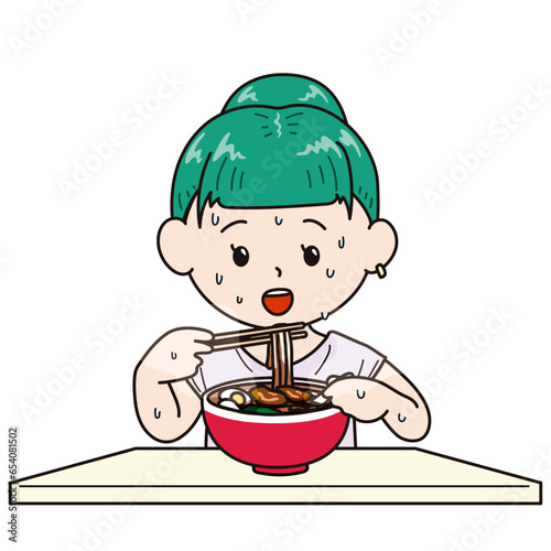汗をかきながらラーメンを食べる女性