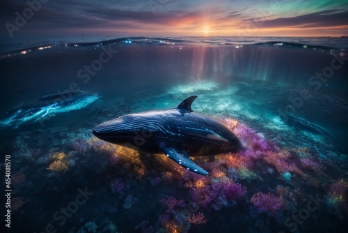Concept of whale swimming in a bioluminescent sea and rays of light on the horizon