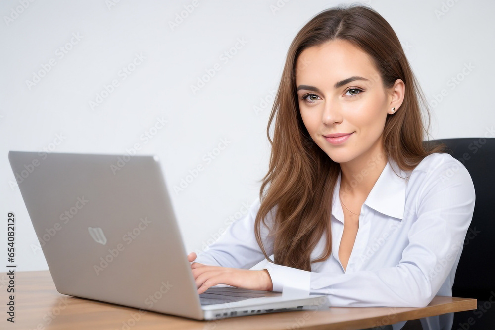 A beautiful employee is working behind a laptop in the office. A beautiful employee is working behind a laptop in the office.