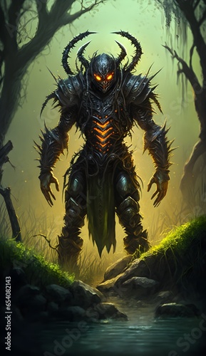 dark fantasy swamp golem eldritch monster bizzarre horyfing humanoid mutant creature multiple limbs thousands of spiders and snakes covering his armor brown orange and green lighting swamp  photo
