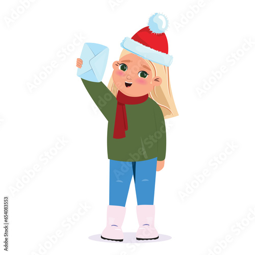 Cute cartoon illustration of a girl sending a letter with wishes to Santa Claus. Winter holiday banner 