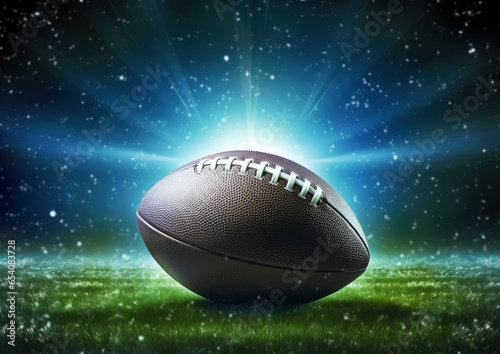 A football on a brightly lit grassy field
