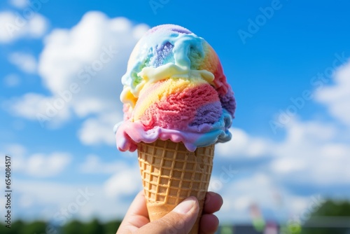 Photo of a hand holding a vibrant and delicious rainbow ice cream cone created with Generative AI technology