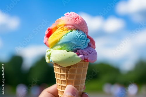 Photo of a hand holding a vibrant and delicious rainbow ice cream cone created with Generative AI technology