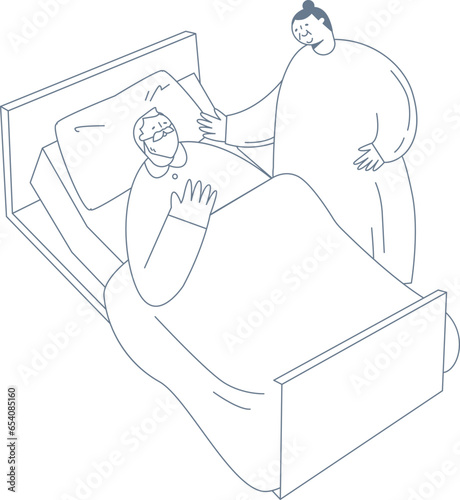 An elderly woman talking to an elderly man sleeping on a nursing care bed.