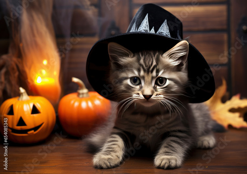 A cute kitten wearing a witches hat, ready for Halloween © LUPACO PNG