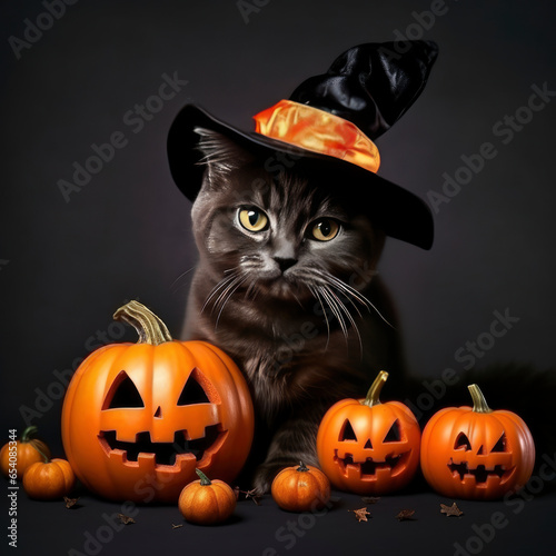 A cat wearing a witch's hat next to three pumpkins © LUPACO PNG
