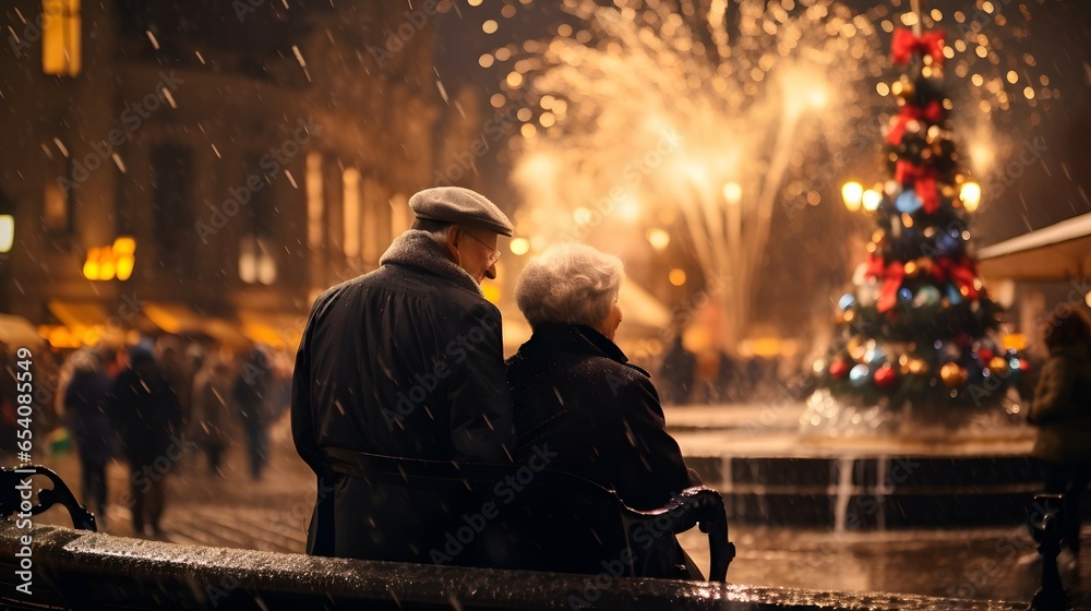 elderly couple celebrating holiday at the fountain elderly couple celebrating holiday at the fountain