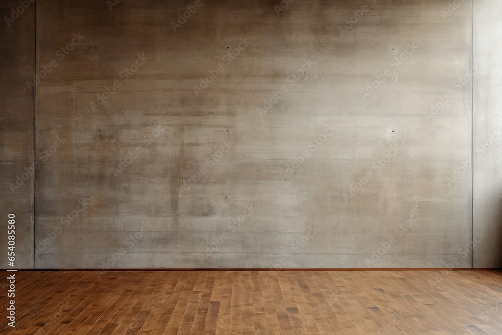 Empty modern room, concrete wall with wooden paneling, documentary style. Generative AI.