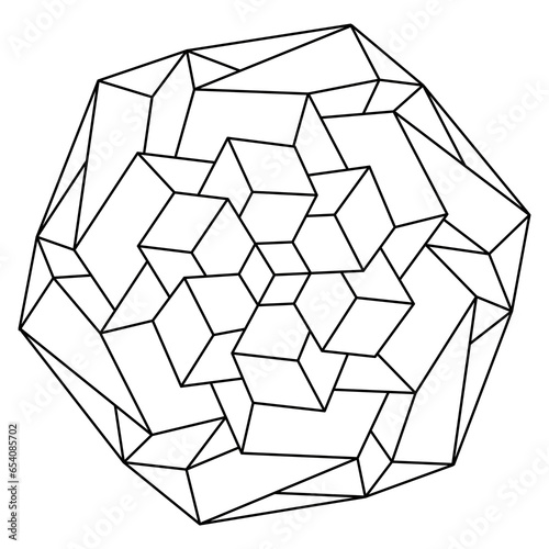 An abstract rosette mandala made from isometric cubes and angular linework.