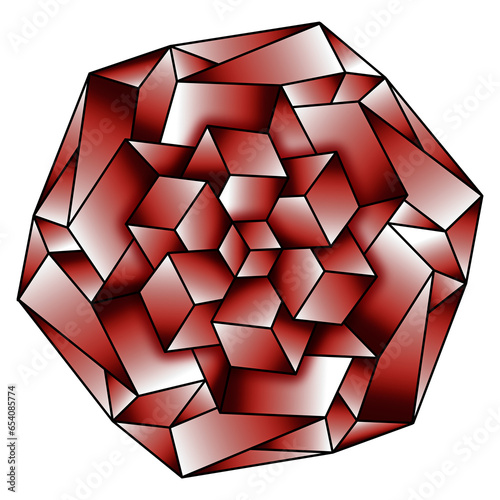 A red and black shaded abstract rosette mandala made from isometric cubes and angular bevel shapes