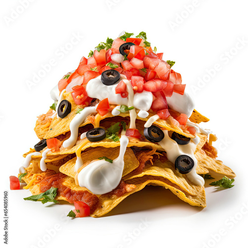 A delicious plate of loaded nachos with fresh toppings and creamy sour cream photo