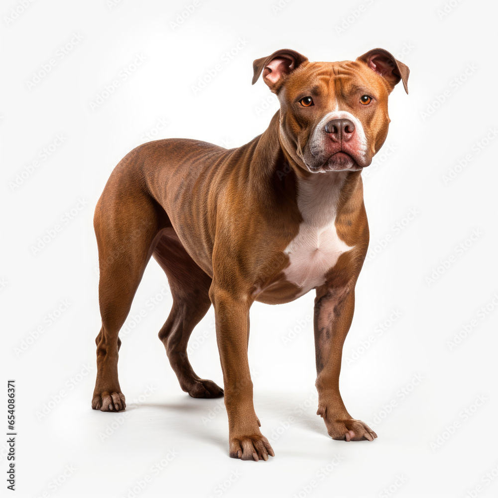 A brown and white dog against a clean white backdrop