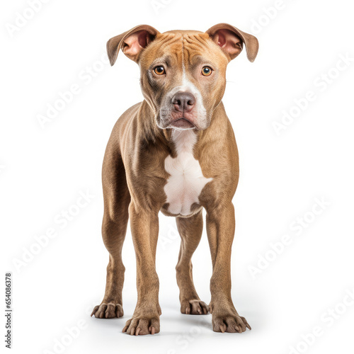 A brown and white dog on a white background