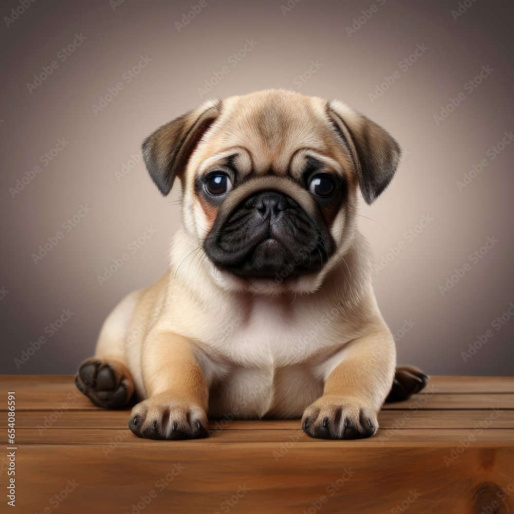 A cute pug dog sitting on a wooden table