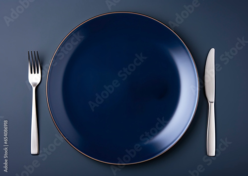 A blue plate with a knife and fork on a table