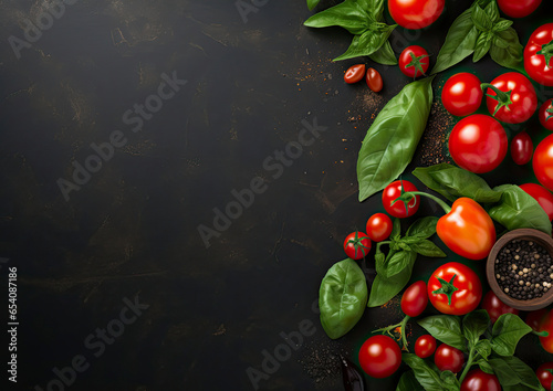 Tomatoes, basil, and pepper on a black background
