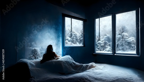woman sitting in bed with her eyes closed dark room with single small window dim blue light snowing inside snowflakes photography hyperrealistic cinematic lighting dramatic lighting photography 