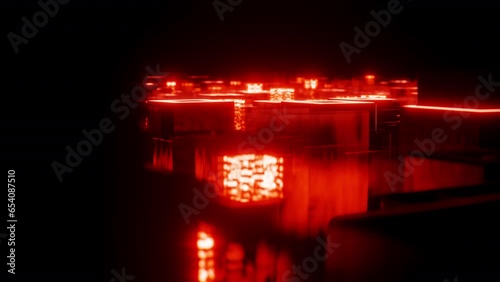 3d render. Futuristic landscape with cubic motion animation with orange light in the darkness with cold neon light.