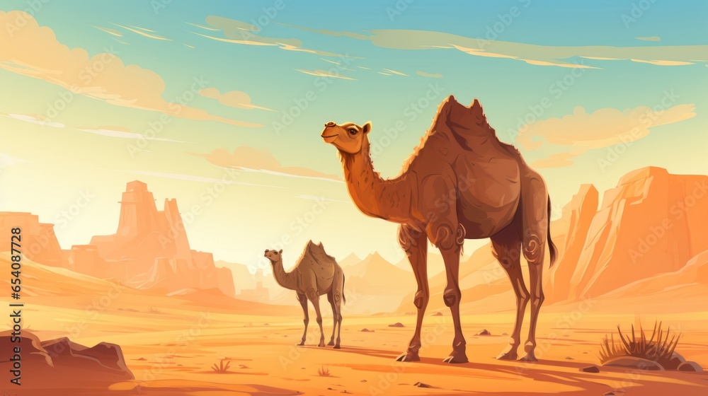 a photo of camel standing in the egyptian sand desert sahara. image for a post card or a web design ad. wallpaper background, 16:9, 4k. cartoonish anime art style. Generative AI - obrazy, fototapety, plakaty 