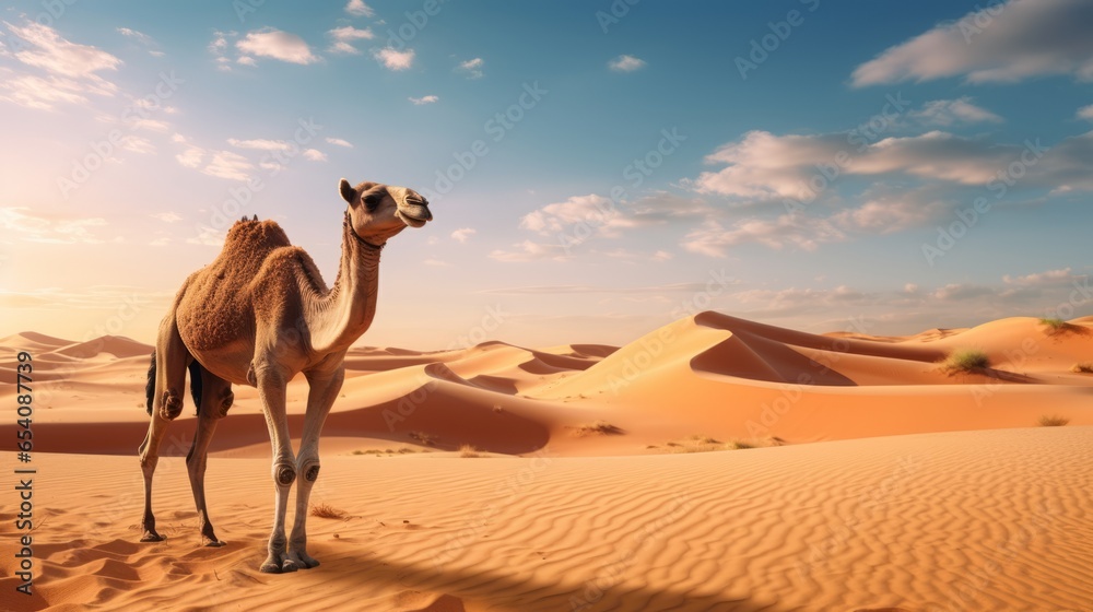 a photo of camel standing in the egyptian sand desert sahara. image for a post card or a web design ad. wallpaper background, 16:9, 4k. Generative AI - obrazy, fototapety, plakaty 