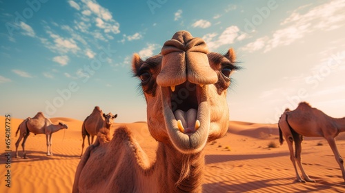 a photo of camels standing in the egyptian sand desert sahara. funny camel open mouth laughing. image for a post card or a web design ad. wallpaper background, 16:9, 4k. Generative AI photo