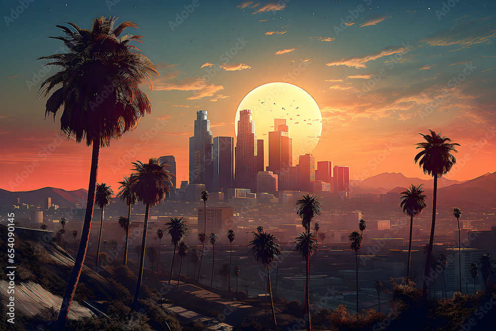 City of Los Angeles and sun in the background - obrazy, fototapety, plakaty 