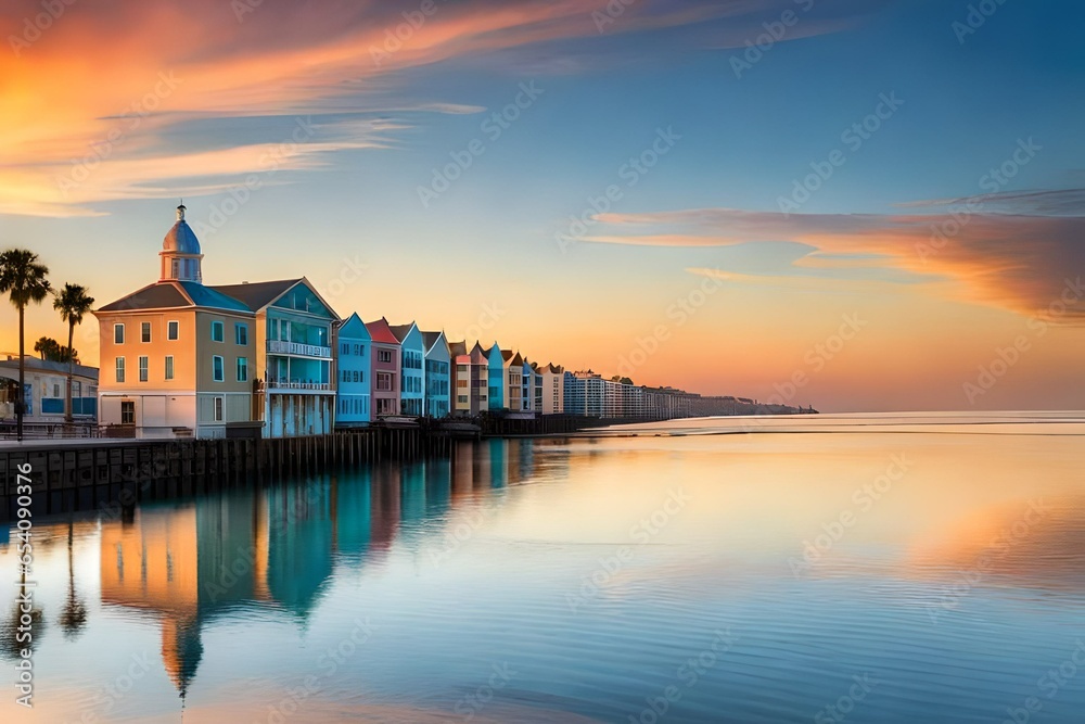 a coastal town, at sunset, with pastel blue and mint green buildings, reflecting the warm, fading light