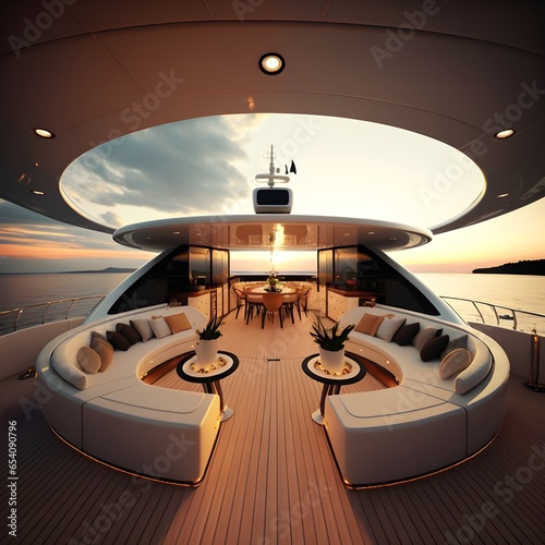 Vászonkép 150ft super yacht aft deck with 6 sun beds a table for 10 bar for 6 people fully