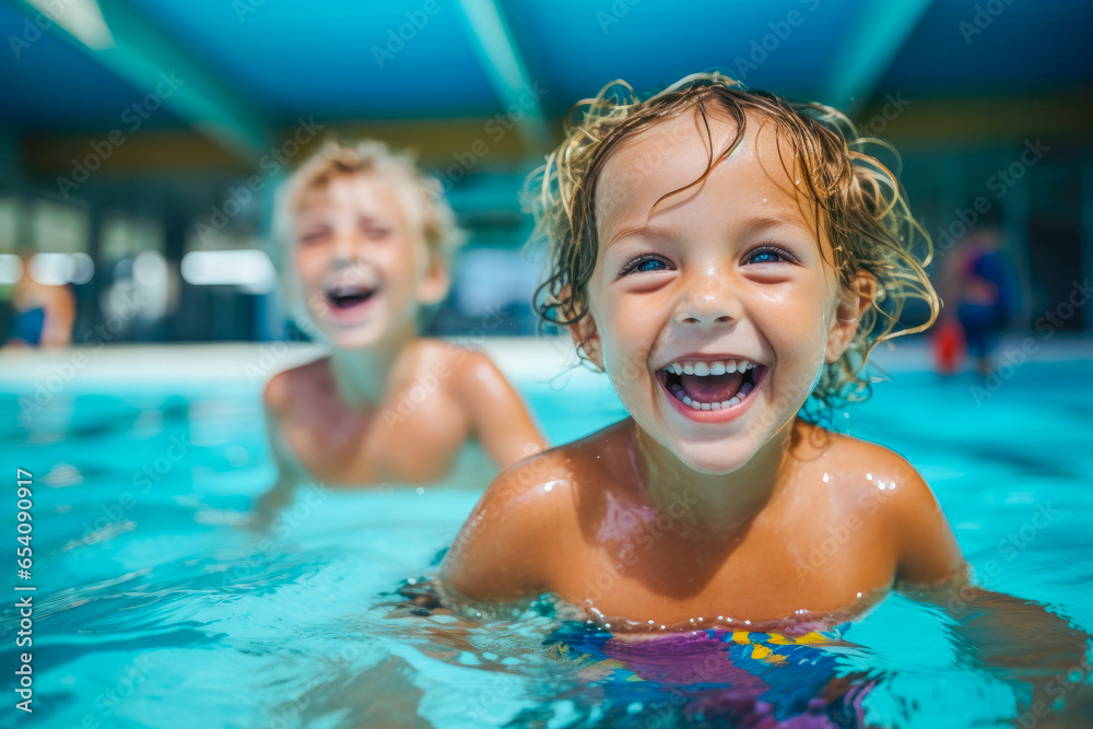 Joyful young children, sharing smiles, water splashes and laughter as they swim together in a public swimming pool, showcasing fun and friendship
