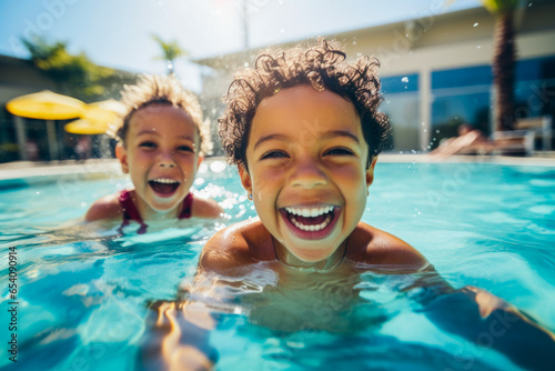 Joyful young children, sharing smiles, water splashes and laughter as they swim together in a public swimming pool, showcasing fun and friendship