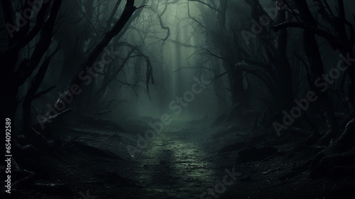 A Scary Dark and Moody Forest Pathway Covered in Mist © BornHappy